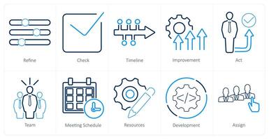 A set of 10 action plan icons as refine, check, timeline, improvement vector