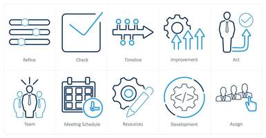 A set of 10 action plan icons as refine, check, timeline, improvement vector