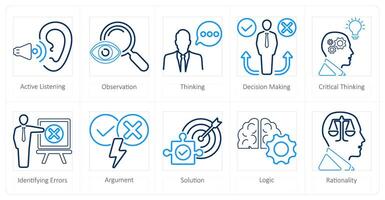 A set of 10 critical thinking icons as active listening, observation, thinking vector