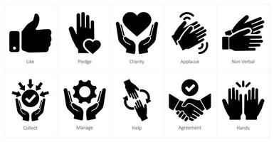 A set of 10 hands icons as like, pledge, charity vector