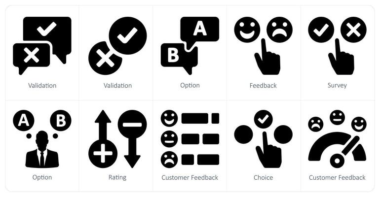 A set of 10 survey and ratings icons as validation, option, feebback