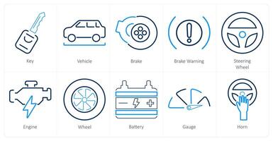 A set of 10 car icons as key, vehicle, brake vector