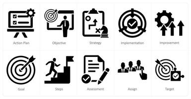 A set of 10 action plan icons as action plan, objective, strategy vector