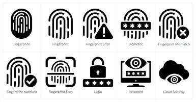 A set of 10 Security icons as fingerprint, fingerprint error, biometric vector