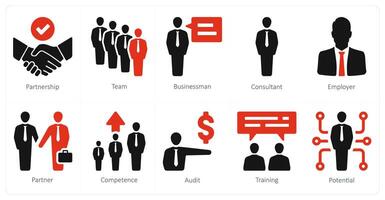 A set of 10 human resource icons as partnership, team, businessman vector