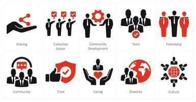 A set of 10 community icons as sharing, collective action, community development vector