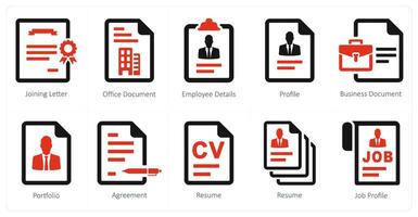 A set of 10 human resource icons as joining letter, office document, employee details vector