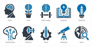 A set of 10 School and Education icons as brain, brain energy, creativity vector