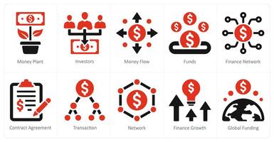 A set of 10 crowdfunding and donation icons as money plant, investors, money flow vector