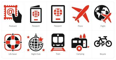 A set of 10 Travel and vacation icons as postcard, passport, plane vector