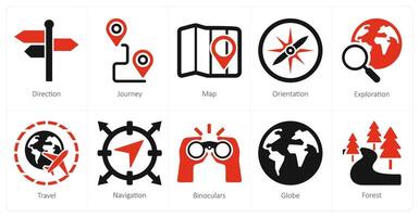 A set of 10 adventure icons as direction, journey, map vector