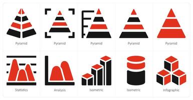 A set of 10 diagram and reports and Reports icons as pyramid, statistics, analysis vector