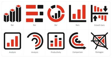A set of 10 diagram and reports and Reports icons as bar, growth bars, analysis vector