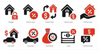 A set of 10 Loan and Debt icons as pledge, home loan, car loan vector