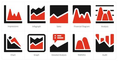 A set of 10 diagram and reports and Reports icons as impressions, infograph, sales vector