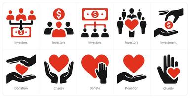 A set of 10 crowdfunding and donation icons as investors, investment, donation vector