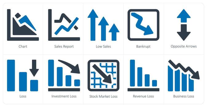 A set of 10 Diagrams and Reports icons as chart, sales report, low sales vector