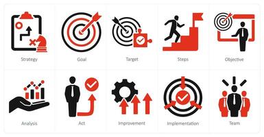 A set of 10 action plan icons as strategy, goal, target vector