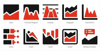 un conjunto de 10 diagrama y informes y informes íconos como ventas, financiero diagramas e informes, análisis vector