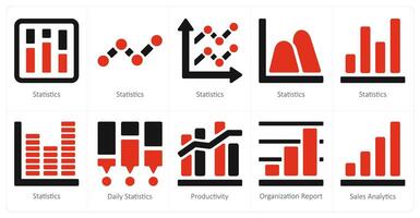 un conjunto de 10 diagrama y informes y informes íconos como Estadísticas, diario Estadísticas, productividad vector