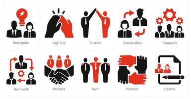 A set of 10 Teamwork icons as brainstorm, high five, succcess vector