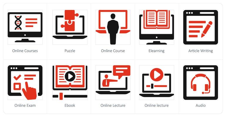 A set of 10 online education icons as online classes, puzzle, online course
