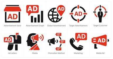 A set of 10 ads and marketing icons as advertisement store, advertisement graph, global advertisement vector