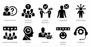 A set of 10 customer service icons as customer service, customer questions, conflict resolutions vector