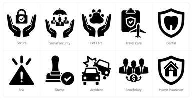 A set of 10 insurance icons as secure, social security, pet care vector