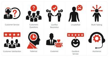 A set of 10 customer service icons as customer service, customer questions, conflict resolutions vector