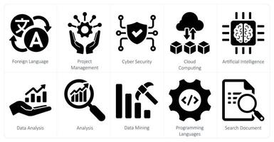 A set of 10 hard skills icons as foreign language, project management, cyber security vector