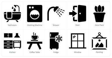 A set of 10 home interior icons as bathroom, washing machine, shower vector