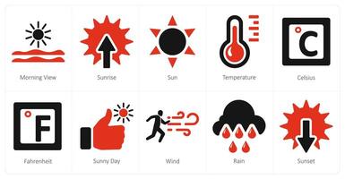 A set of 10 mix icons as morning view, sunrise, sun vector