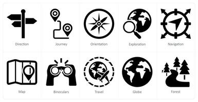un conjunto de 10 aventuras íconos como dirección, viaje, orientación vector