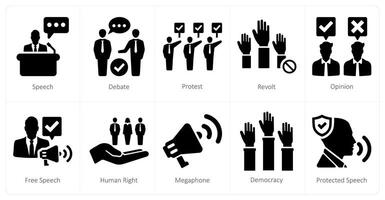 A set of 10 freedom of speech icons as speech, debate, protest vector