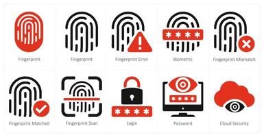 A set of 10 Security icons as fingerprint, fingerprint error, biometric vector