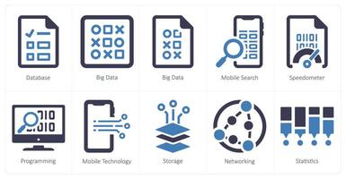 A set of 10 Big Data icons as database, big data, mobile search vector