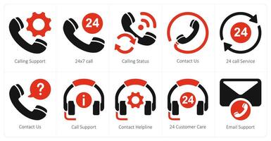 A set of 10 customer support icons as calling support, 24x7 call, calling status vector