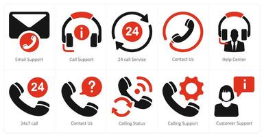 A set of 10 customer support icons as email support, call support, 24 call service vector