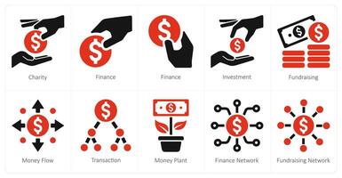 A set of 10 crowdfunding and donation icons as charity, finance, investment vector