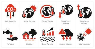 A set of 10 climate change icons as co2 reduction, global warming, climate change vector