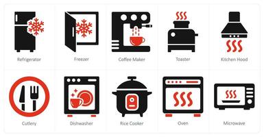 A set of 10 home appliances icons as refrigerator, freezer, coffee maker vector