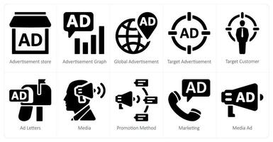 A set of 10 ads and marketing icons as advertisement store, advertisement graph, global advertisement vector