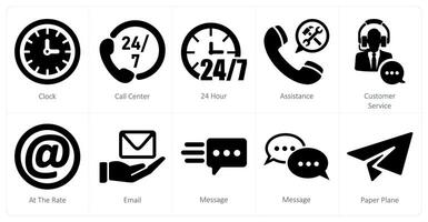 A set of 10 contact icons as clock, call center, 24 hour vector