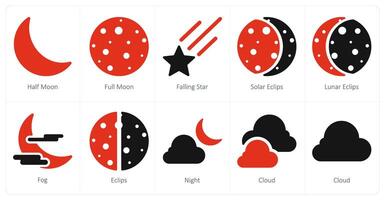 A set of 10 Weather icons as half moon, full moon, falling star vector