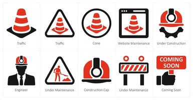 A set of 10 under construction icons as traffic, cone, website maintenance vector