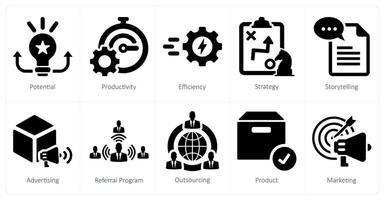 un conjunto de 10 incrementar rebaja íconos como potencial, productividad, eficiencia vector