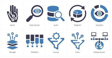 A set of 10 Big Data icons as hand, data search, audit vector