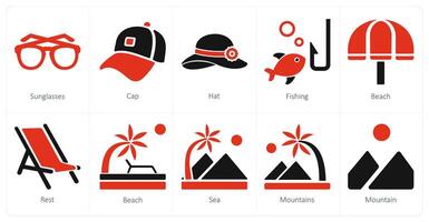 A set of 10 Travel and vacation icons as sunglasses, cap, hat vector