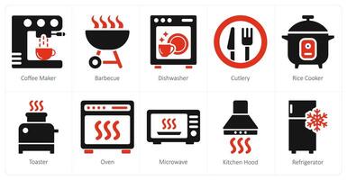 A set of 10 home appliances icons as coffee maker, barbecue, dishwaser vector